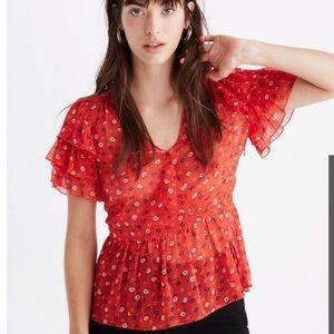 EUC Madewell Red Floral Ruffle Sleeve Top